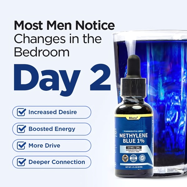 A clean, high-contrast ad featuring a Methylene Blue dropper bottle against a backdrop of blue-tinted water, highlighting rapid benefits.